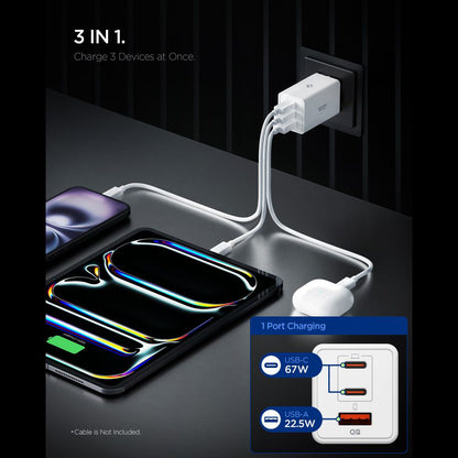 Spigen Essential Network Charger, 67W, 3.25A, 1 x USB-A - 2 x USB-C, White ACH08710
