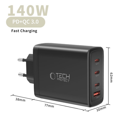 Netzladegerät Tech-Protect NC140W-GAN, 140W, 5A, 1 x USB-A - 3 x USB-C, Schwarz