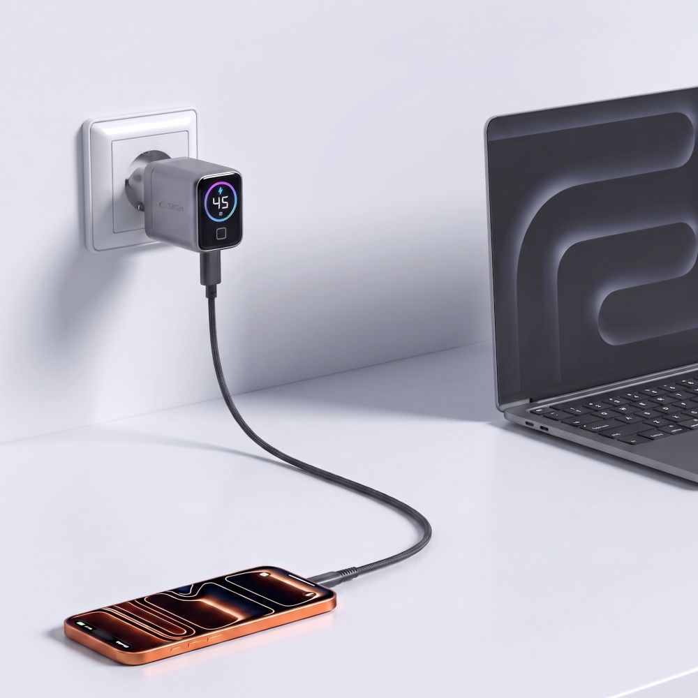 Tech-Protect NC45W Display Netzladegerät, 45W, 3A, 1 x USB-C, Grau