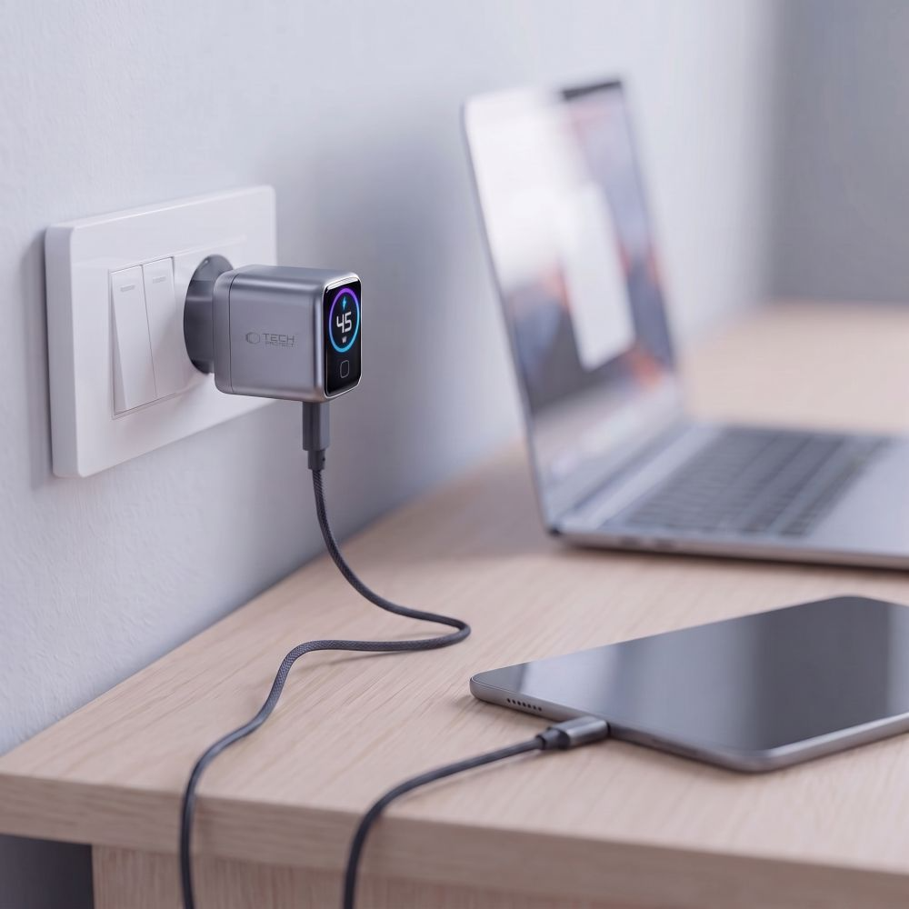 Tech-Protect NC45W Display Netzladegerät, 45W, 3A, 1 x USB-C, Grau