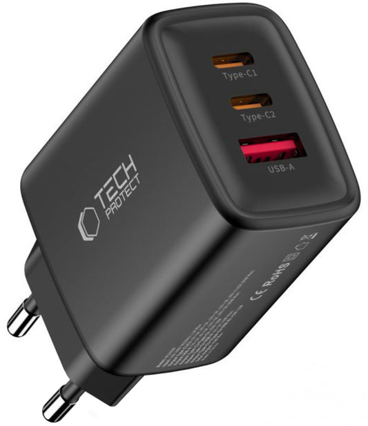 Netzladegerät Tech-Protect NCA65W, 65W, 3A, 1 x USB-A - 2 x USB-C, Schwarz