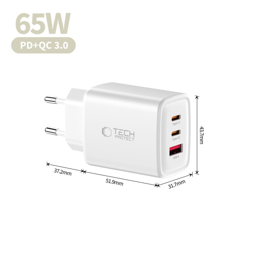Netzladegerät Tech-Protect NCA65W, 65W, 3A, 1 x USB-A - 2 x USB-C, Weiß