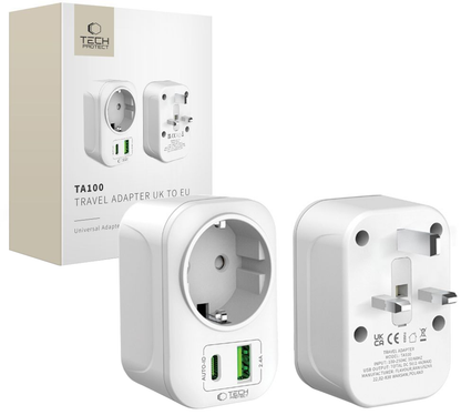 Netzladegerät Tech-Protect TA100 Travel UK, 20W, 3A, 1 x Schuko - 1 x USB-A - 1 x USB-C, Weiß