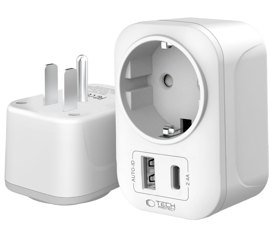 Netzladegerät Tech-Protect TA100 Travel US, 20W, 3A, 1 x Schuko - 1 x USB-A - 1 x USB-C, Weiß