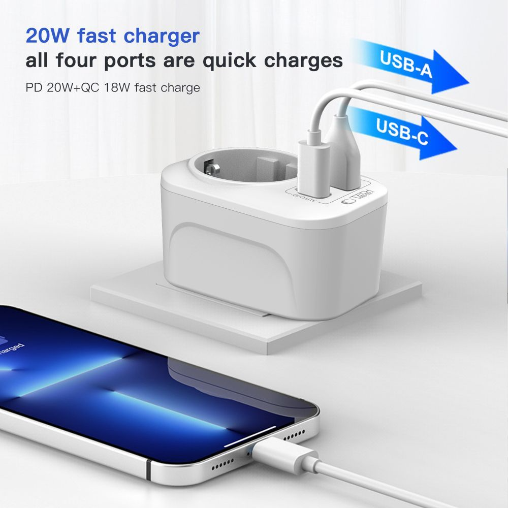 Netzladegerät Tech-Protect TA100 Travel US, 20W, 3A, 1 x Schuko - 1 x USB-A - 1 x USB-C, Weiß