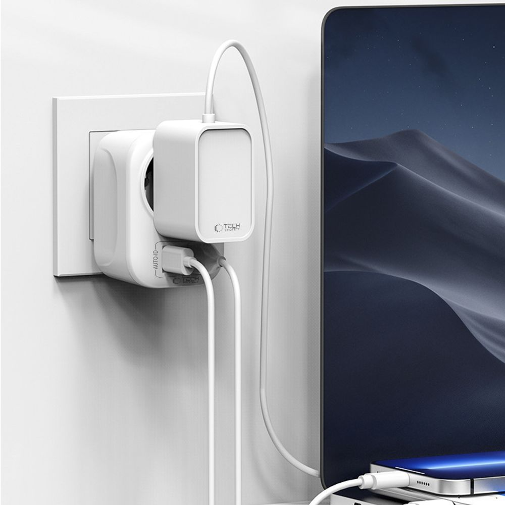 Netzladegerät Tech-Protect TA100 Travel US, 20W, 3A, 1 x Schuko - 1 x USB-A - 1 x USB-C, Weiß