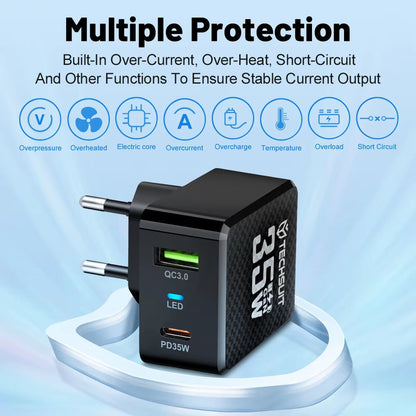 Techsuit CHPD173 Tiny Network Charger, 35W, 3A, 1 x USB-A - 1 x USB-C, White