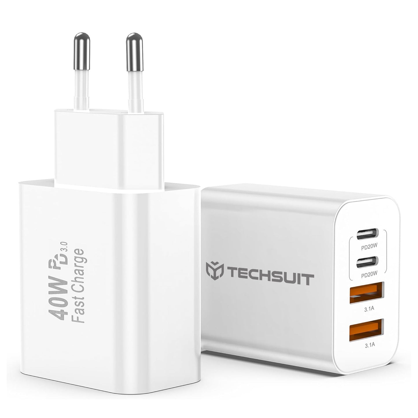 Netzladegerät Techsuit PowerXQuad CH4, 40W, 3A, 2 x USB-A - 2 x USB-C, Weiß