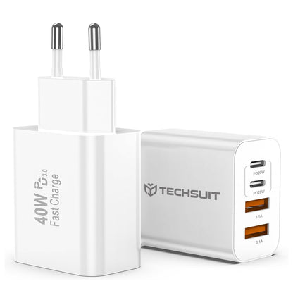 Netzladegerät Techsuit PowerXQuad CH4, 40W, 3A, 2 x USB-A - 2 x USB-C, Weiß