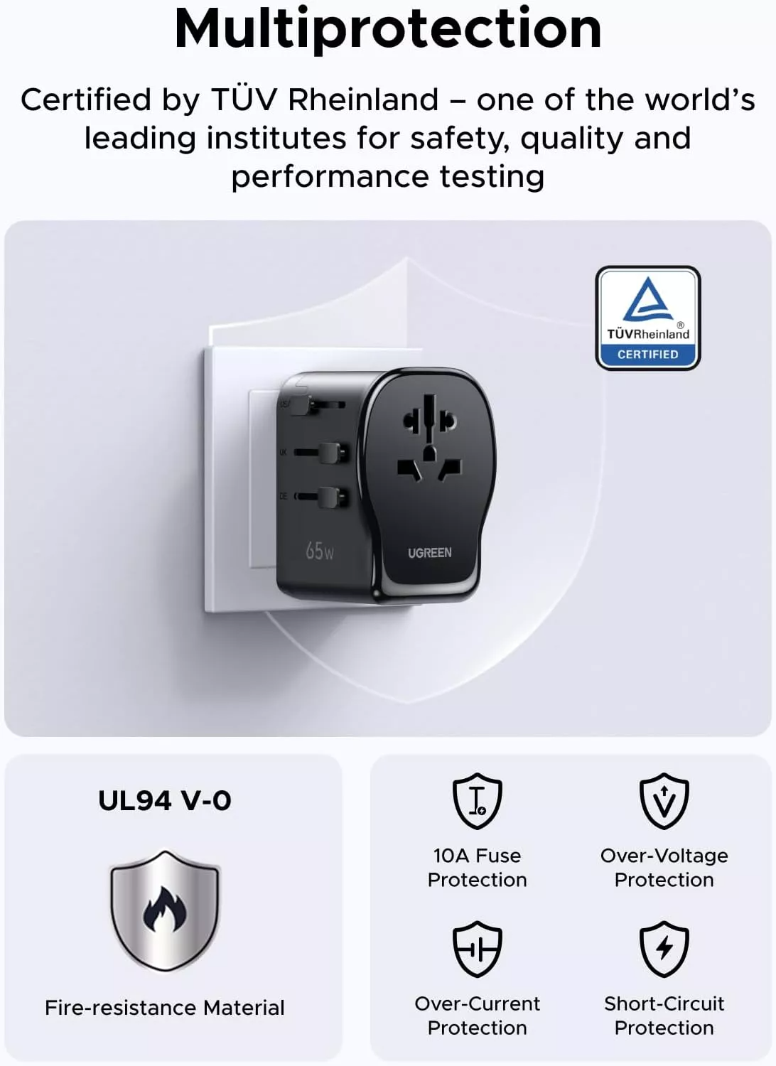 UGREEN Travel S550 Netzladegerät (55001), 65W, 3,25A, 1 x USB-A - 2 x USB-C, Schwarz