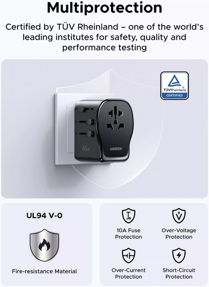 UGREEN Travel S550 Netzladegerät (55001), 65W, 3,25A, 1 x USB-A - 2 x USB-C, Schwarz