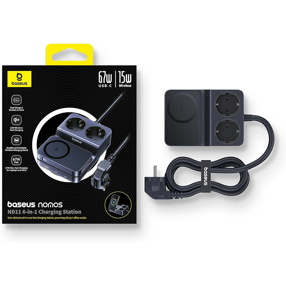 Baseus Nomos ND11 QI 6in1 Ladestation, 67W, 3.35A, 1 x USB-A - 2 x USB-C - 2 x Schuko, Schwarz P80015804213-00