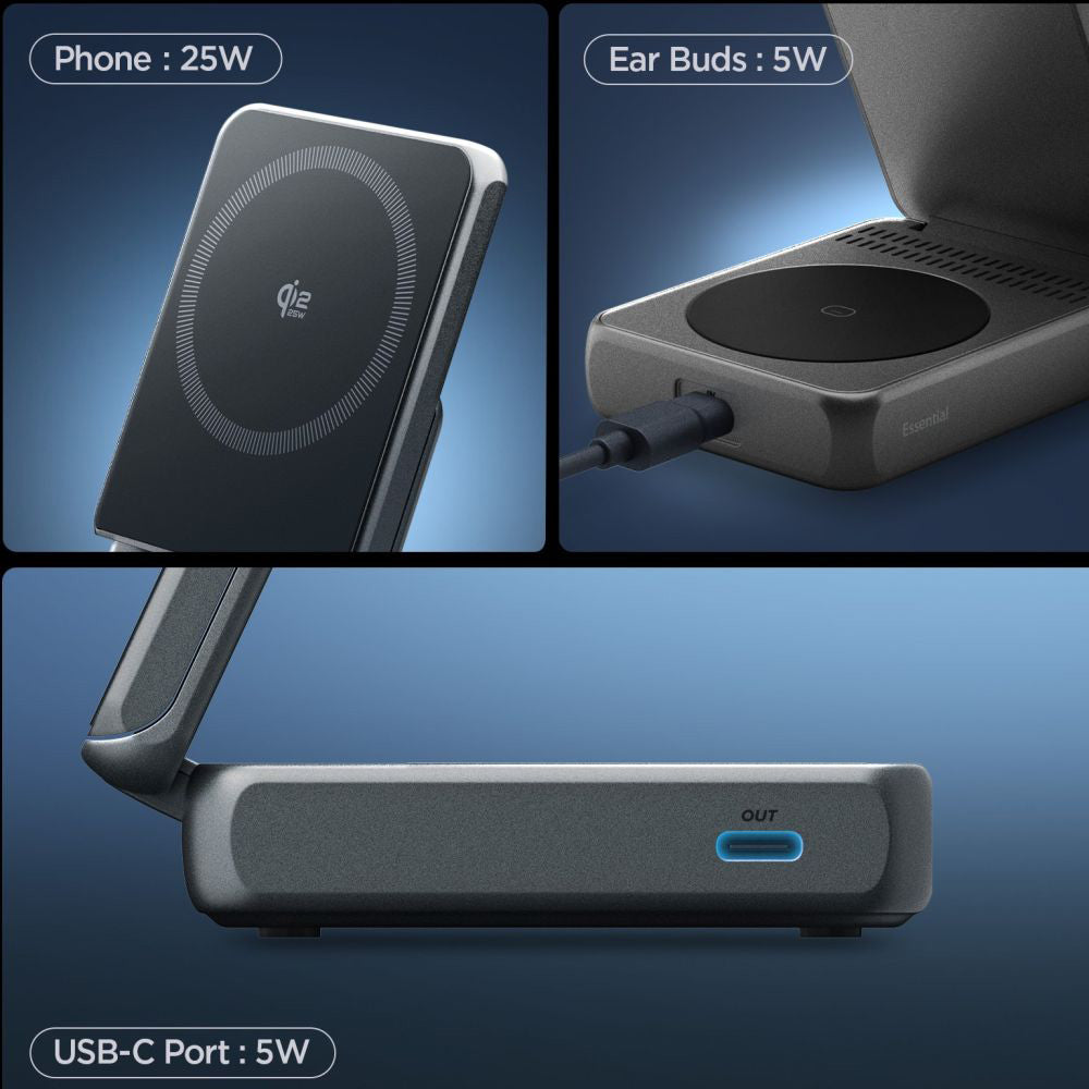 Drahtloses Netzladegerät Spigen EF302MOQ 3in1, 25W, 1 x USB-C, Grau