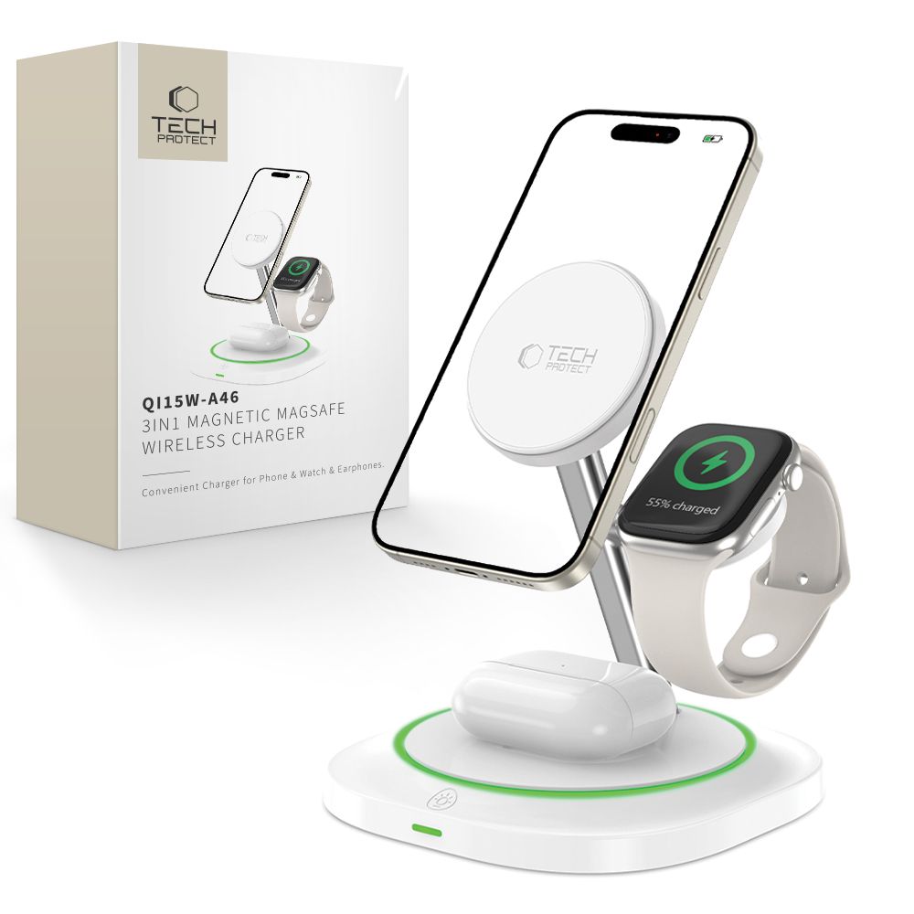 Drahtloses Netzladegerät Tech-Protect QI15W-A46 3in1, 15W, 1.67A, Weiß