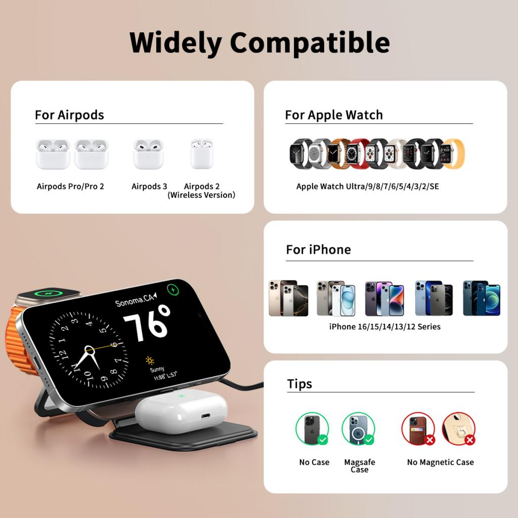 Drahtloses Netzladegerät XO Design CX035 3in1, 15W, 1.67A, Schwarz