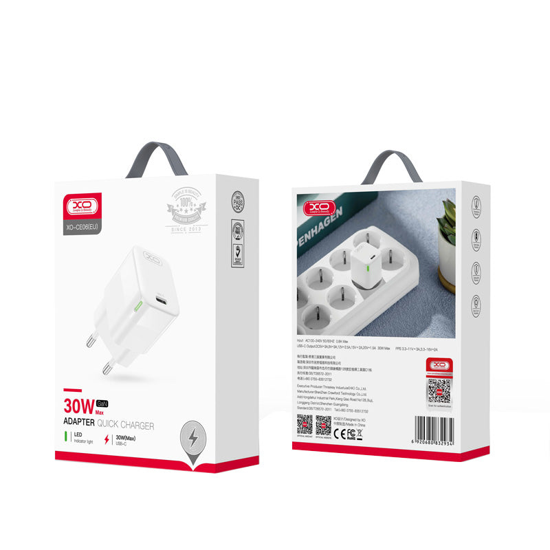Netzladegerät XO Design CE06, 30W, 3A, 1 x USB-C, Weiß