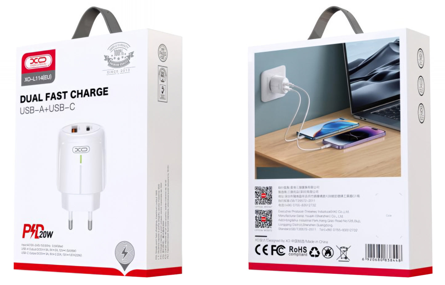 Netzladegerät XO Design L114, 20W, 3A, 1 x USB-A - 1 x USB-C, Weiß
