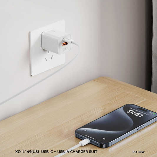 Netzladegerät XO Design L149, 30W, 3A, 1 x USB-A - 1 x USB-C, Weiß