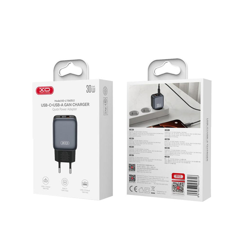 Netzladegerät XO Design L156, 30W, 3A, 1 x USB-A - 1 x USB-C, Schwarz
