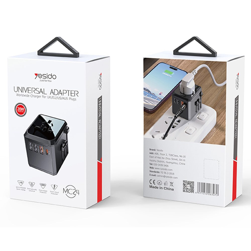 Netzladegerät Yesido MC24 Travel, 20W, 3A, 3 x USB-A - 1 x USB-C, Schwarz