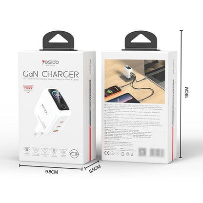 Netzladegerät Yesido YC114 Display, 140W, 5A, 1 x USB-A - 2 x USB-C, Weiß