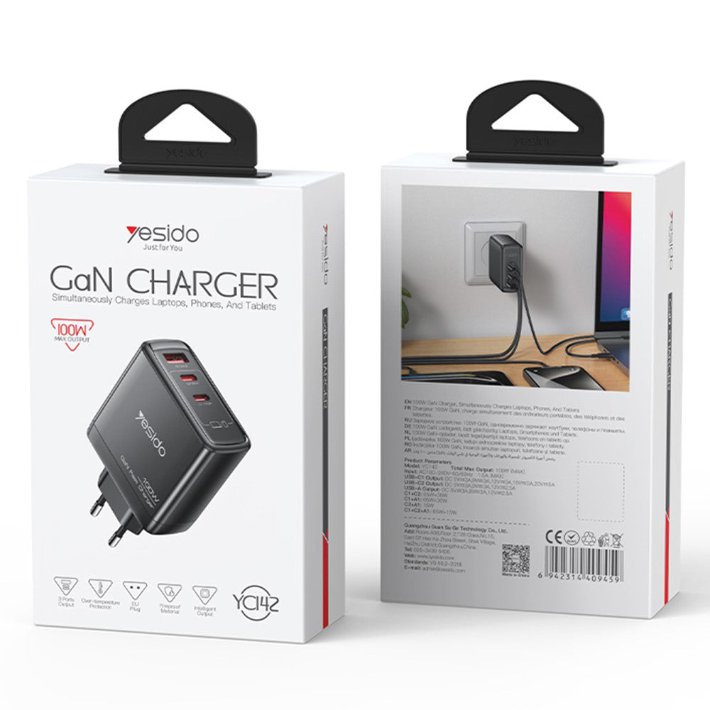 Netzladegerät Yesido YC142, 100W, 5A, 1 x USB-A - 2 x USB-C, Schwarz
