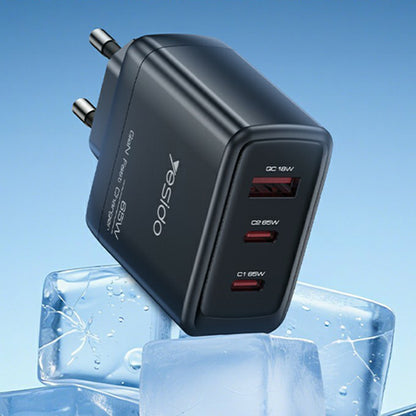 Netzladegerät Yesido YC144, 65W, 3.25A, 1 x USB-A - 2 x USB-C, Schwarz