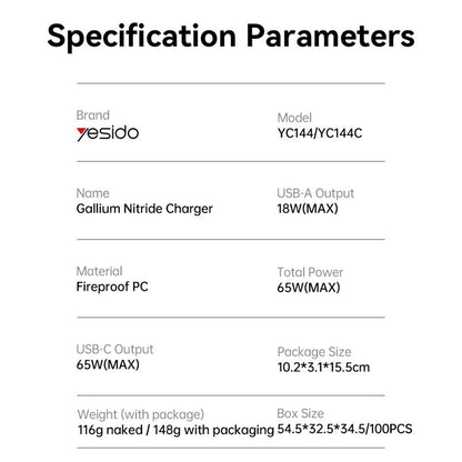 Netzladegerät Yesido YC144, 65W, 3.25A, 1 x USB-A - 2 x USB-C, Schwarz