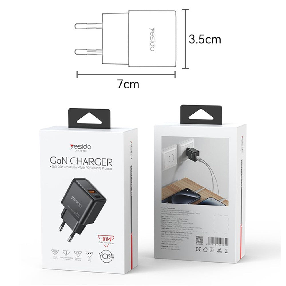 Netzladegerät Yesido YC64, 30W, 3A, 1 x USB-A - 1 x USB-C, Schwarz