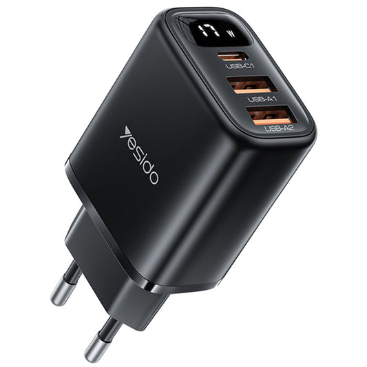 Netzladegerät Yesido YC67 Display, 17W, 2.4A, 2 x USB-A - 1 x USB-C, Schwarz