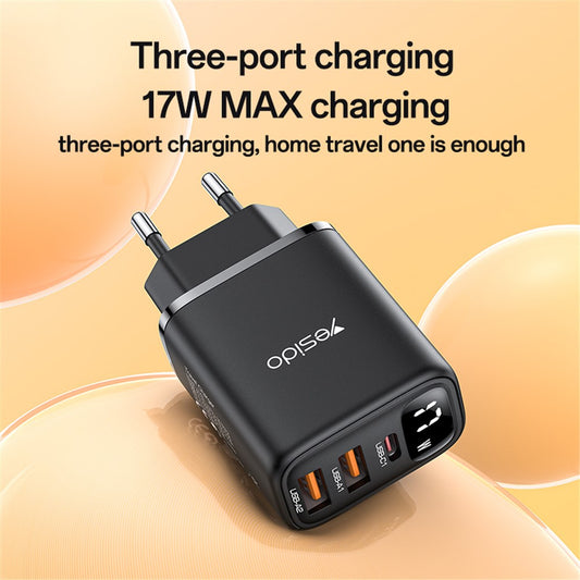 Netzladegerät Yesido YC67 Display, 17W, 2.4A, 2 x USB-A - 1 x USB-C, Schwarz