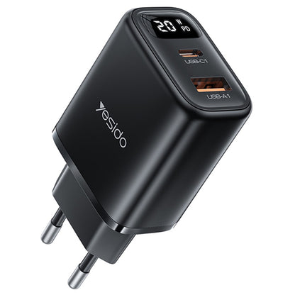 Netzladegerät Yesido YC68, 20W Display, 3A, 1 x USB-A - 1 x USB-C, Schwarz