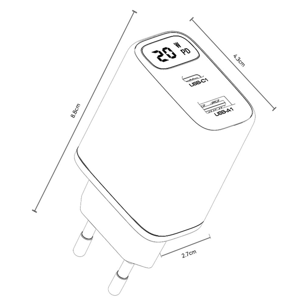 Netzladegerät Yesido YC68, 20W Display, 3A, 1 x USB-A - 1 x USB-C, Schwarz