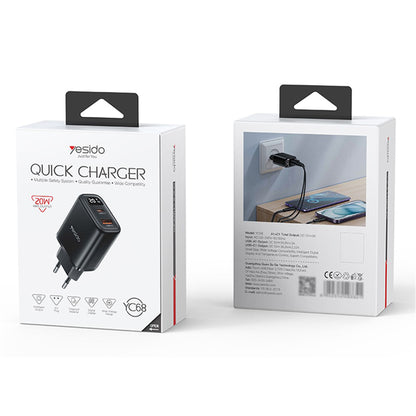 Netzladegerät Yesido YC68, 20W Display, 3A, 1 x USB-A - 1 x USB-C, Schwarz