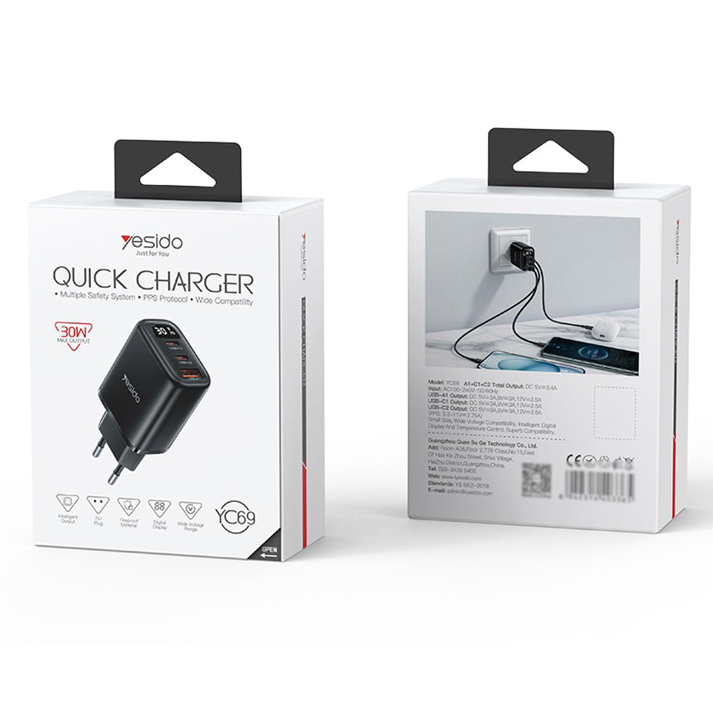 Netzladegerät Yesido YC69 Display, 30W, 3A, 1 x USB-A - 2 x USB-C, Schwarz