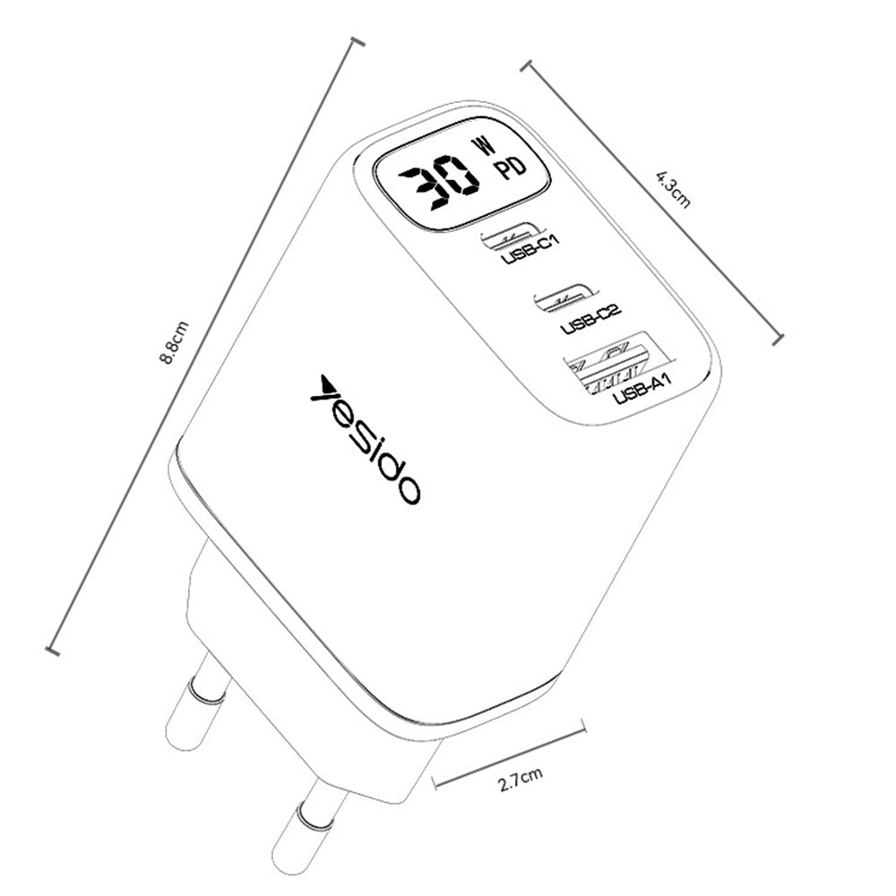 Netzladegerät Yesido YC69 Display, 30W, 3A, 1 x USB-A - 2 x USB-C, Schwarz
