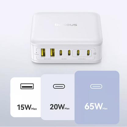 Baseus EnerFill FH21 Station Charger, 120W, 3.25A, 2 x USB-A - 4 x USB-C, White E0120T01