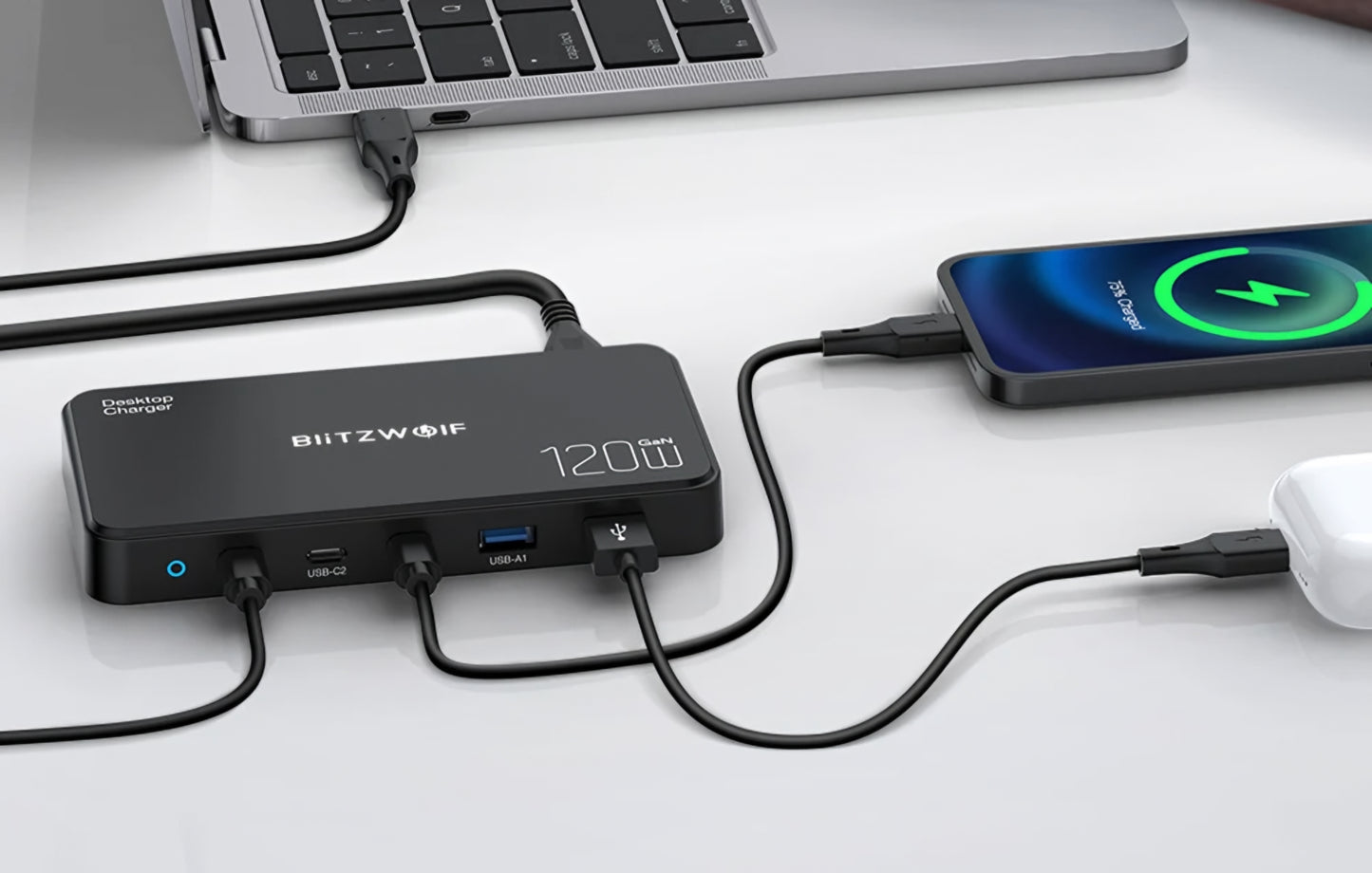 Ladestation BlitzWolf BW-i100, 120W, 5A, 2 x USB-A - 3 x USB-C, Schwarz