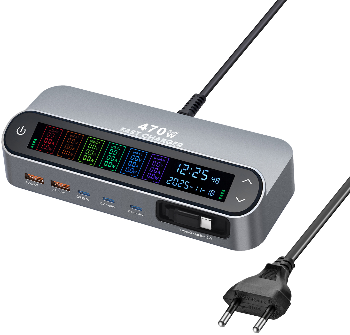 Stationäres Ladegerät mit USB-C-Kabel OEM LCD470W, 470W, 5A, 2 x USB-A - 3 x USB-C, Grau