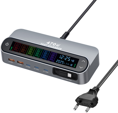Stationäres Ladegerät mit USB-C-Kabel OEM LCD470W, 470W, 5A, 2 x USB-A - 3 x USB-C, Grau