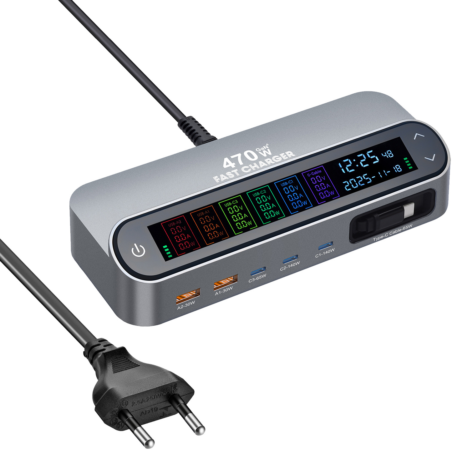 Stationäres Ladegerät mit USB-C-Kabel OEM LCD470W, 470W, 5A, 2 x USB-A - 3 x USB-C, Grau