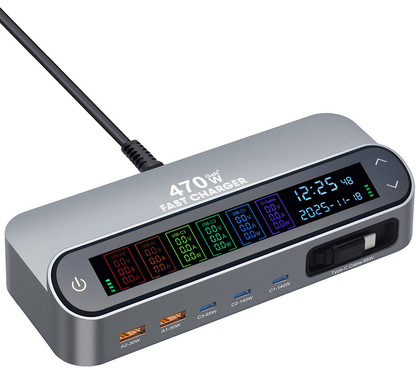 Stationäres Ladegerät mit USB-C-Kabel OEM LCD470W, 470W, 5A, 2 x USB-A - 3 x USB-C, Grau