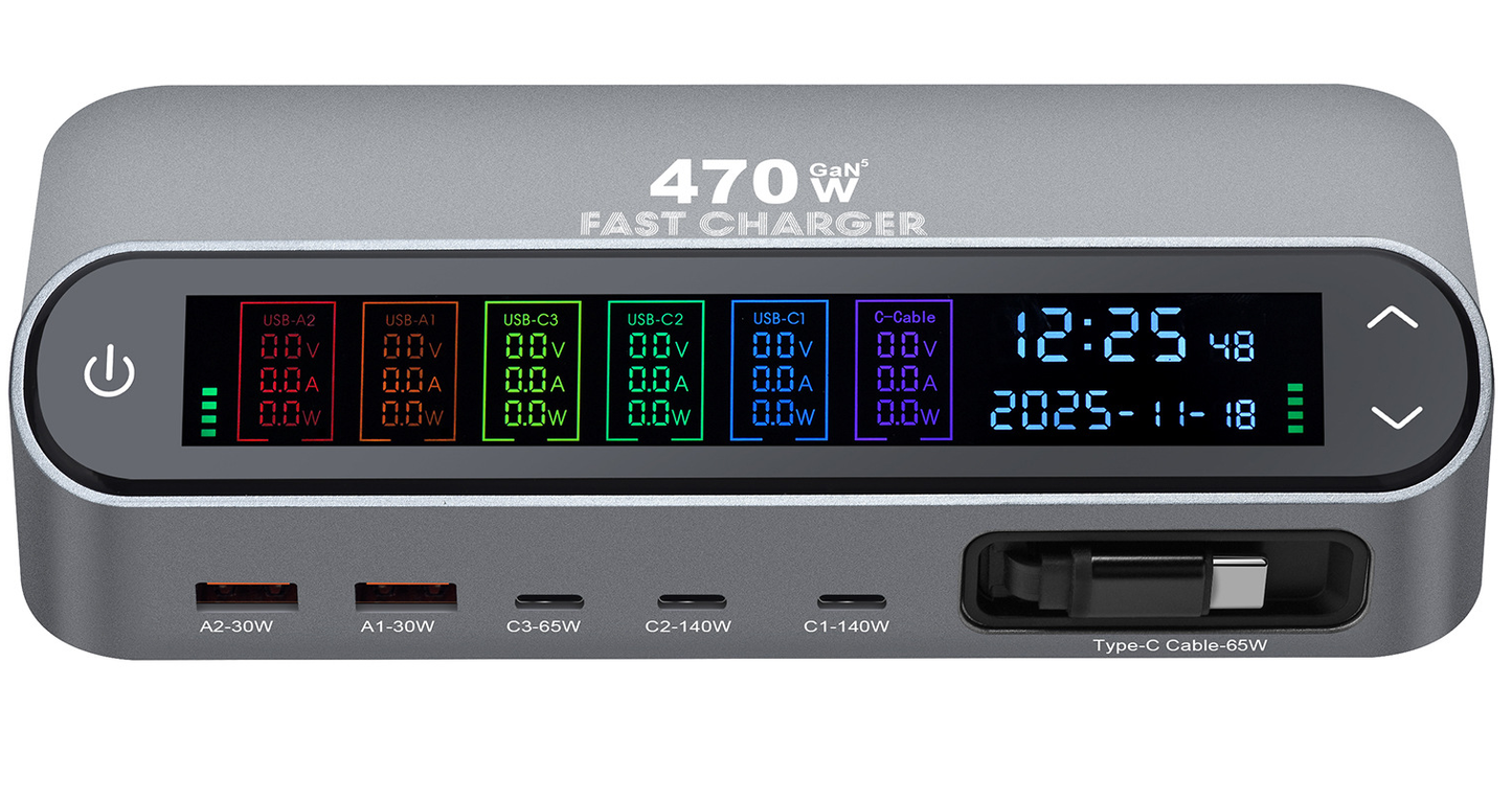 Stationäres Ladegerät mit USB-C-Kabel OEM LCD470W, 470W, 5A, 2 x USB-A - 3 x USB-C, Grau