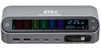 Stationäres Ladegerät mit USB-C-Kabel OEM LCD470W, 470W, 5A, 2 x USB-A - 3 x USB-C, Grau