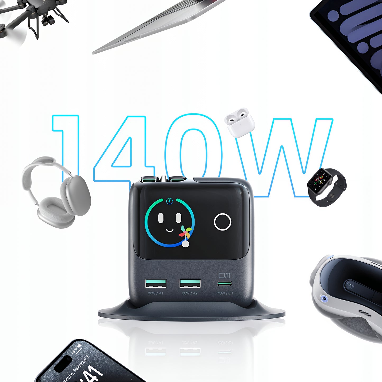 Ladestation mit USB-C Kabel Joyroom Podix JR-TRD01, 140W, 1 x USB-C - 2 x USB-A, Grau