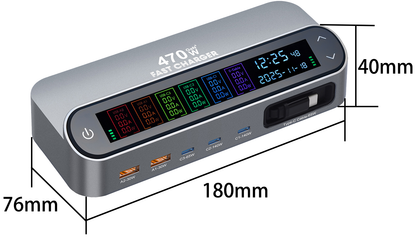 Stationäres Ladegerät mit USB-C-Kabel OEM LCD470W, 470W, 5A, 2 x USB-A - 3 x USB-C, Grau