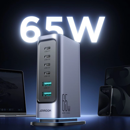 Ladestation Joyroom JR-TCM02 UK, 65W, 3,25A, 2 x USB-A - 4 x USB-C, Grau
