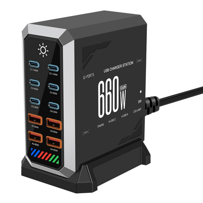 OEM Ladestation HW18 Ladegerät, 660W, 5A, 4 x USB-A - 6 x USB-C, Schwarz