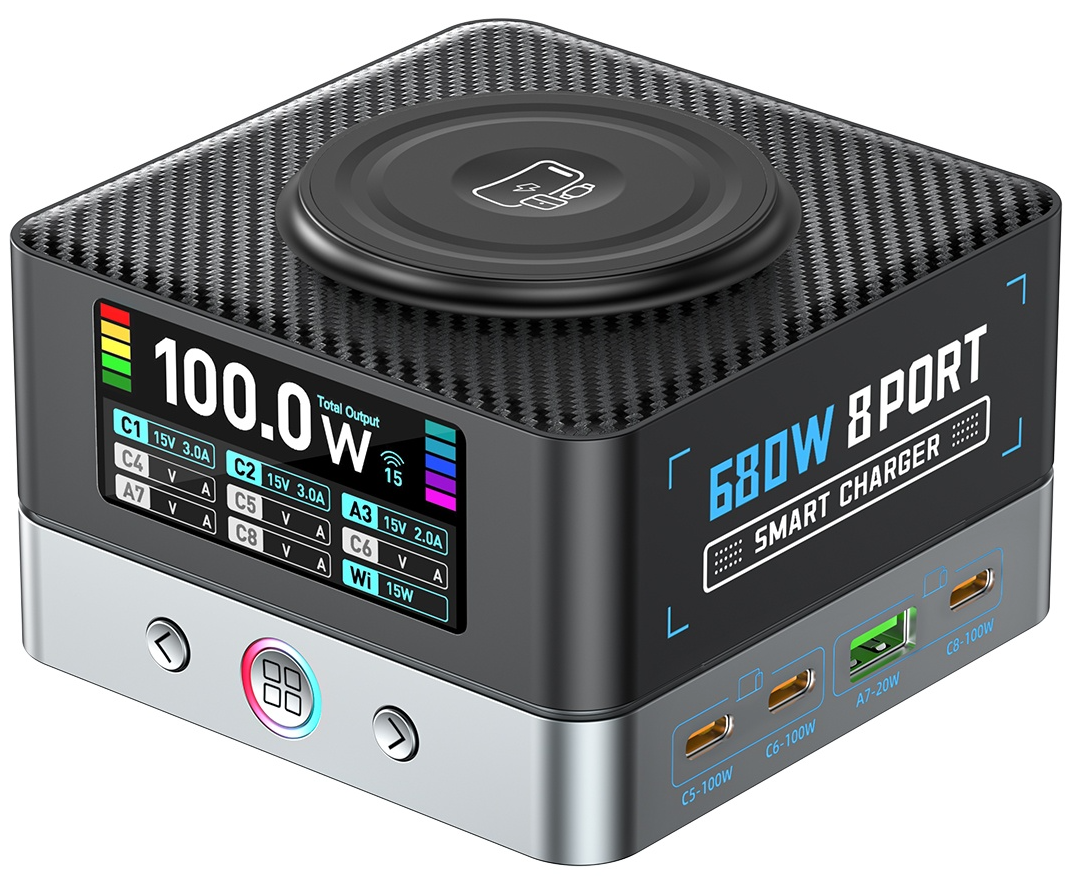OEM Ladestation WLX-R8A QI Ladegerät, 140W, 5A, 2 x USB-A - 6 x USB-C, Grau