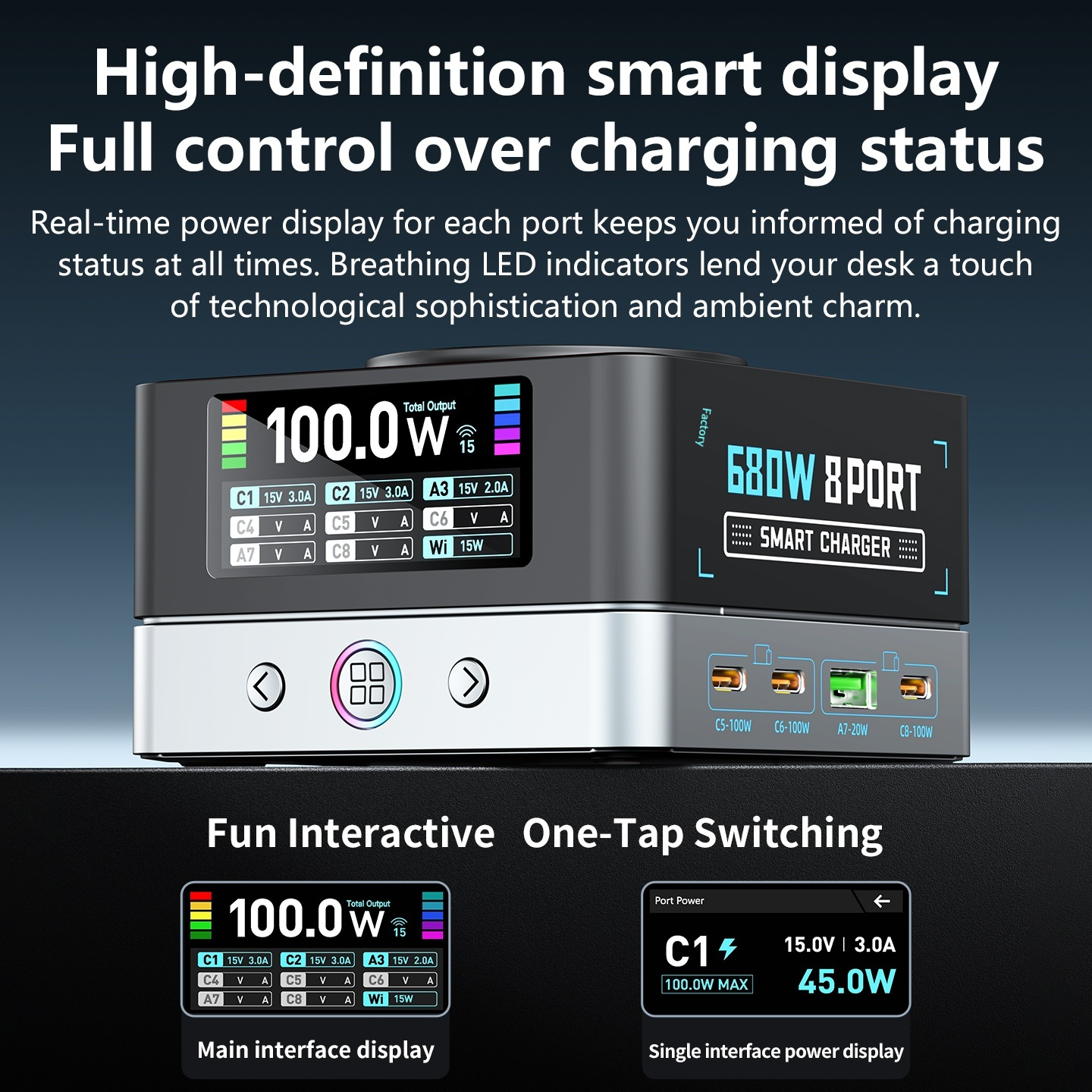 OEM Ladestation WLX-R8A QI Ladegerät, 140W, 5A, 2 x USB-A - 6 x USB-C, Grau